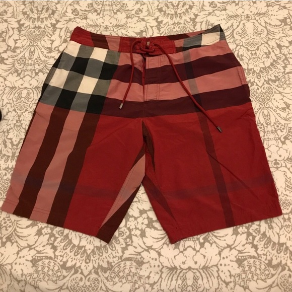 red burberry swim trunks